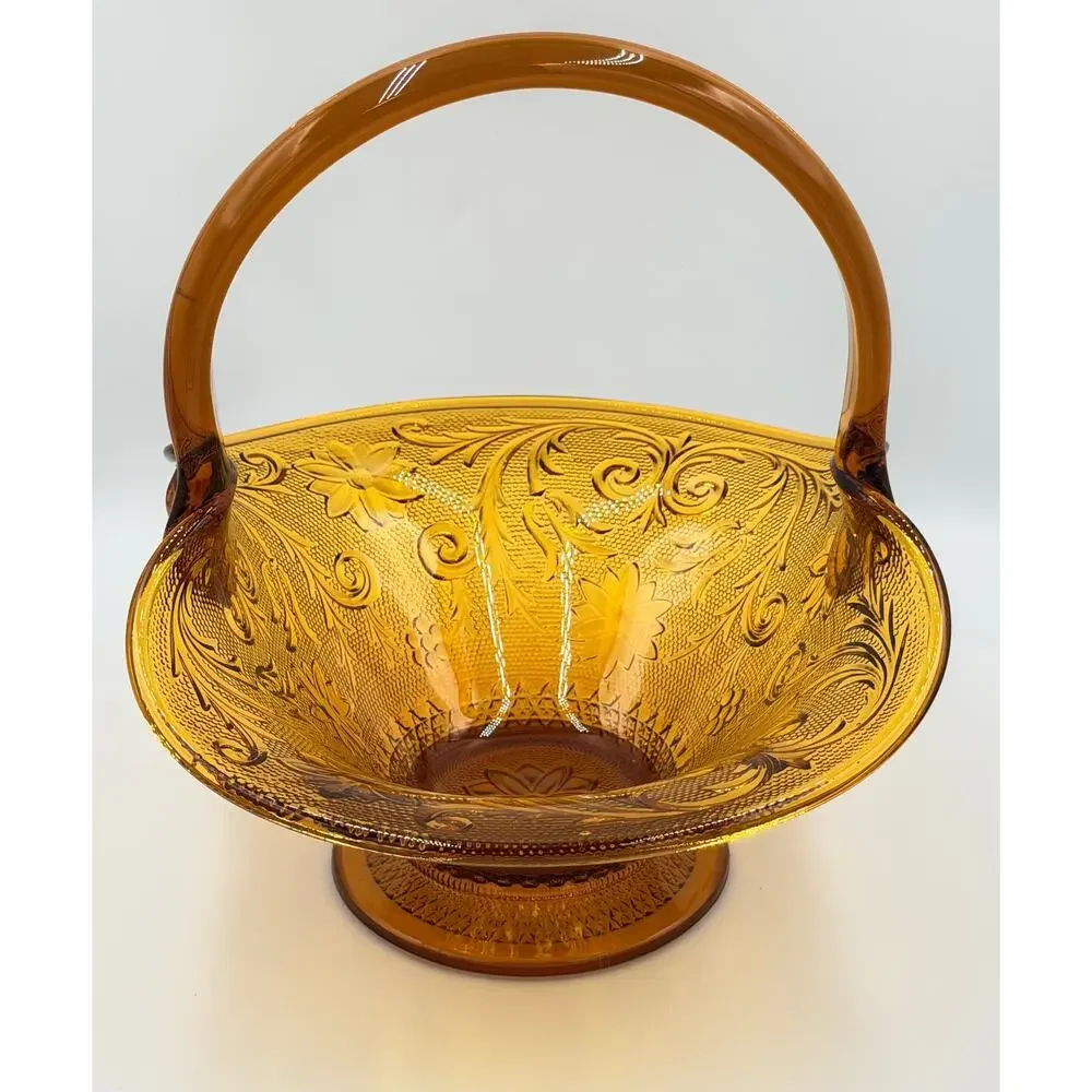 Brockway Indiana Glass Large Tiara Amber Sandwich Handled Basket Signed J.T.